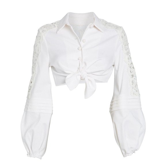 Alexis White Cropped Lace Inset Shirt, size Small. - Picture 5 of 14